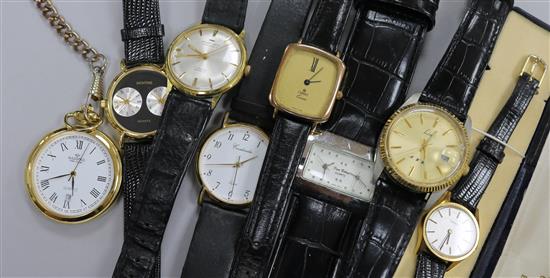 Seven assorted wrist watches and a pocket watch.